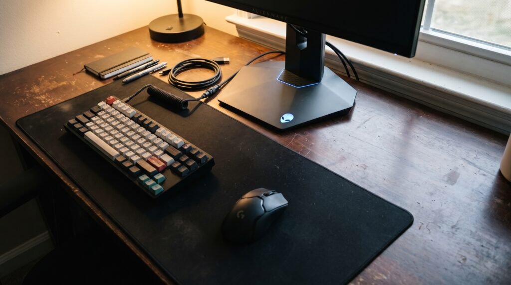Base hexagonal ajustável do Monitor Gamer Alienware AW2725DM, liberando espaço útil na mesa.