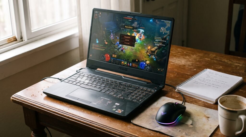 Notebook Gamer ASUS TUF Gaming A15 com RTX 3050 Vale a Pena? Análise Técnica 2 Notebook Gamer ASUS TUF Gaming A15 com RTX 3050 aberto em cima de uma mesa de madeira durante o uso, mostrando um mouse gamer e ambiente de iluminação natural.