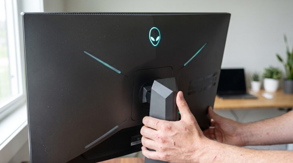 Detalhe do painel traseiro e acabamento do Alienware AW2725DM, mostrando a iluminação AlienFX