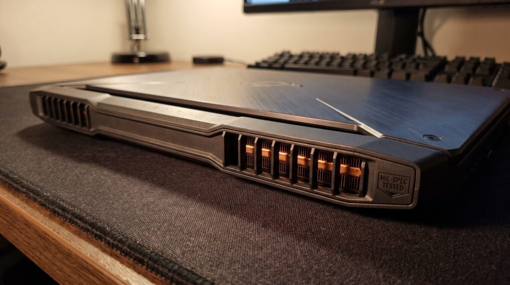 Notebook Gamer ASUS TUF Gaming A15 com RTX 3050 Vale a Pena? Análise Técnica 3 Visão lateral próxima do Notebook ASUS TUF A15 com RTX 3050, destacando as amplas saídas de ar do sistema de refrigeração e a espessura da carcaça.